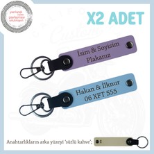 Biker Tarzına Uygun, Kişiye Özel Plaka ve Isim Yazılı 2’li Deri Anahtarlık, Mor Menekşe-Gök Mavi-Sk