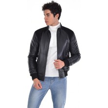 Deri Work Hakiki Deri Siyah Erkek Deri Mont Kollar ve Belden Lastikli Çift Fermuarlı Yandan Cepli Deri Ceket