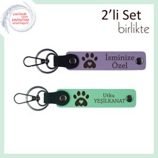 Evcil Hayvan Temalı Duygusal Hediyelik, Kalpli Pati Desenli Deri Anahtarlık Takımı, Mor-Açık Yeşil