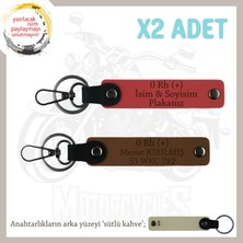 Miawiki Biker Stiline Özel, Isim Plaka ve 0 Rh (+) Kan Grubu Yazılı Motor X2 Anahtarlık, Nar Çiçeği-Kahve-Sk