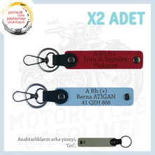Miawiki Biker Stiline Özel, Isim Plaka ve A+ Kan Grubu Yazılı Anlamlı Motor X2 Anahtarlık, Kırmızı-Mavi-Gr