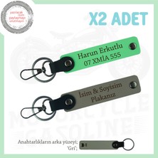 Miawiki Retro Motorculara Özel Isim ve Plaka Yazılı Hediyelik X2 Kişisel Deri Anahtarlık, Kül Gri-F Yeşil-Gr