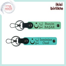 Miawiki Evlilik Yıldönümüne Özel Ay Yıldız Tc Temalı Kişisel Isim Yazılı 2’li Anahtarlık, Açık Yeşil-Turkuaz