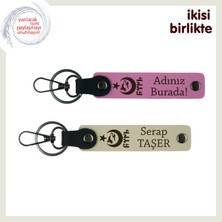 Miawiki Sevgiline Ayyıldız Kurt Göktürklü Anlamlı Hediye, Kişiye Özel Anahtarlık Set 2'li, Pembe-Sütlü Kahve