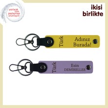 Miawiki Sevgiliye Vatan Temalı Kalpten Gelen Hediye – Türk Yazısı Kişisel Anahtarlık Set, Sarı-Mor