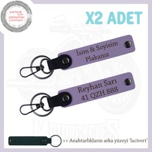 Miawiki Araç Sevdalılarına Anlamlı Hediye, Plaka ve Isim Yazılı 2’li Deri Anahtarlık Seti, Mor-Lacivert