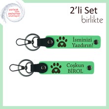 Miawiki Kedi Sever Eşe Uygun Tasarım, Kalpli Pati Temalı Deri Anahtarlık Seti, Fıstık Yeşil-Fıstık Yeşil