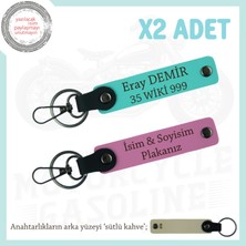Miawiki Scooter Severlere Özel Isim ve Plaka Yazılı 2'li Deri Anahtarlık Arkadaş Hediyesi, Pembe-Turkuaz-Sk