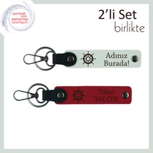 Miawiki Isim Yazılabilir 2’li Gemi Dümeni Anahtarlık, Özel Tasarım, Kişiselleştirilebilir, Beyaz-Kırmızı