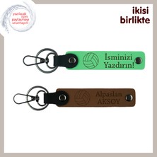 Miawiki Servis Atarken Seni Hatırlatacak Hediye, Kişiye Özel Deri Anahtarlık Seti, Fıstık Yeşil-Açık Kahve