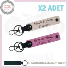 Miawiki Deri Üzerine Kazınmış, Kişiye Özel Ikili Anahtarlık Seti Isim ve Plaka Yazılı , Pudra-Pembe-Laci