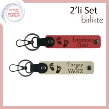 Miawiki Isme Özel Kalpli Bebek Ayağı Tasarımlı Anahtarlık, 2’li Kişisel Hediyelik Set, Nar Çiçeği-S Kahve
