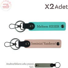 Miawiki Teyzeye Romantik Jest, Isimli & Soyisimli 2’li Anahtarlık Hediye Takımı, Yavru Ağzı-Turkuaz-Gri
