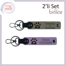 Miawiki Hayvan Sever Çiftlere Uygun 2'li Set, Kalpli Pati Motifli Deri Anahtarlık Takım, Kül Gri-Mor Menekşe