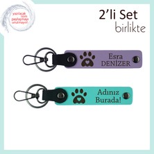 Miawiki Pati Motifli Kalp Figürlü Deri Set, Kişiye Özel Yazılabilir Anahtarlık Hediye Tasarım, Mor-Turkuaz