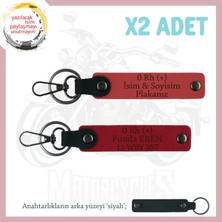 Miawiki Motorcu Için Özel Isim Plaka ve 0 Rh (+) Kan Grubu Yazılı Deri X2 Anahtarlık, Nar Çiçeği-Kırmızı-Syh