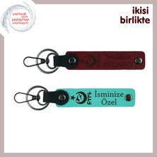 Miawiki Ayyıldız Kurt Göktürk Desenli Sevgiliye Hediye – Kişisel Isimli Anahtarlık Takım 2'li, Bordo-Turkuaz