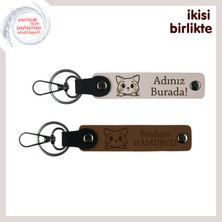 Miawiki Anneye ve Evdeki Patisine Ortak Hediye, Kişisel Deri Anahtarlık 2’li, Pudra-Açık Kahve