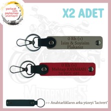 Miawiki Bikerlar Için Isim Plaka ve 0 Rh (+) Kan Grubu Yazılı Hediye X2 Anahtarlık Set, Kül Gri-Kırmızı-Laci