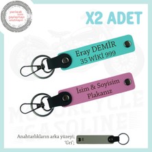Miawiki Retro Motorculara Özel, Isim ve Plaka Yazılı Hediyelik X2 Kişisel Deri Anahtarlık, Pembe-Turkuaz-Gr