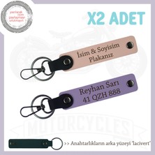 Miawiki Motor Stiline Uygun, Kişiye Özel Deri 2’li Anahtarlık, Plaka ve Isim Yazılı, Yavruağzı-Mor-Laci