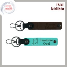 Miawiki Müzik Dolu Ilişkilere Anlamlı Hatıra, Nota Detaylı Deri Anahtarlık Seti, Koyu Kahve-Turkuaz