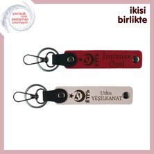 Miawiki Ayyıldız Kurt Göktürk Desenli Deri Anahtarlık Seti – Kişiye Özel Şık Hediyelik X2' Li, Kırmızı-Pudra