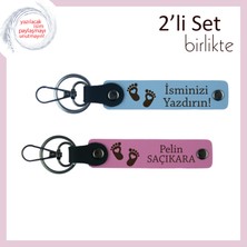 Miawiki Doğum Günü Anısına Uygun Hediyelik, Kalpli Bebek Ayağı Desenli Isimli Anahtarlık, Gök Mavi-Pembe