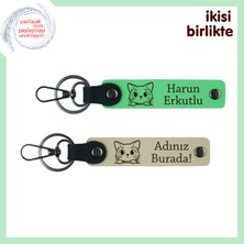 Miawiki Anneye ve Evdeki Patisine Ortak Hediye, Kişisel Deri Anahtarlık 2’li, Fıstık Yeşil-S Kahve