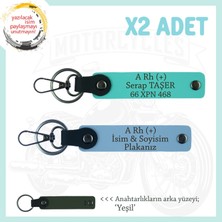 Motosiklet Severlere Isim Plaka ve A + Kan Grubu Yazılı Özel Tasarım X2 Anahtarlık, Mavi-Turkuaz-Ysl