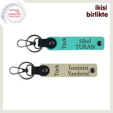 Miawiki Sevdiklerine Hediye, Türk Yazısı Temalı Kişiye Özel Anahtarlık Set, Turkuaz-Sütlü Kahve