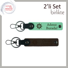 Miawiki Gemi Dümeni Detaylı Kişisel Deri Anahtarlık, 2’li Set, Kişiselleştirilebilir, Açık Yeşil-Koyu Kahve