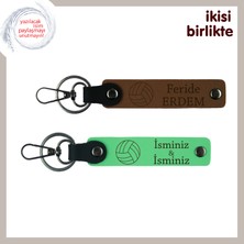 Miawiki Voleybol Sevgisini Üzerinde Taşıyan Hediye, Kişiye Özel Deri Anahtarlık Seti, Açık Kahve-F Yeşil