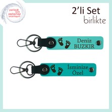 Miawiki Yeni Doğan Için Duygusal ve Şık Hediyelik, Kalpli Ayak Figürlü Deri Anahtarlık, Turkuaz-Koyu Turkuaz