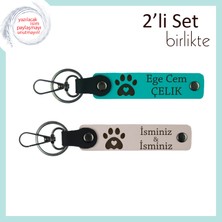 Miawiki Sevgilinize ve Evcil Hayvanınıza Ortak Bir Hediye, Pati Kalpli Deri Anahtarlık Set, K Turkuaz-Pudra