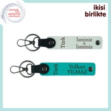 Miawiki Türk Yazısı Desenli Özel Hediye, Isim Yazılabilir 2’li Anahtarlık Set , Beyaz-Turkuaz