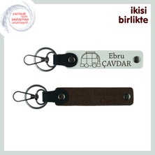 Miawiki Isim Eklenebilir Deri Anahtarlık, Karavan Motifli Kişiye Özel Hediyelik Set, Beyaz-Koyu Kahve