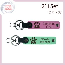 Miawiki Hayvan Sever Çiftlere Uygun 2'li Set, Kalpli Pati Motifli Deri Anahtarlık Takımı, Pembe-Açık Yeşil