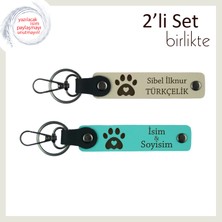 Miawiki Pati Figürlü Kalpli Motifli Deri Anahtarlık Takımı, Eşe ve Sevgiliye Hediye, Sütlü Kahve-Turkuaz