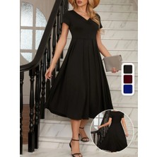 Gökyüzü Moda Kadın Kısa Kollu V Yakalı Önden Pileli Midi Janjan Krep Elbise