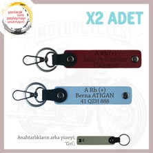Motor Severlere Özel, Isim Plaka ve A + Kan Grubu Yazılı Kişiye Özel 2'li Anahtarlık, Mavi-Bordo-Gr