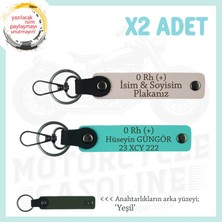 Motorcu Yolculara Özel Isim Plaka ve 0 Rh (+) Kan Grubu Yazılı Deri X2 Anahtarlık, Pudra-Turkuaz-Ysl