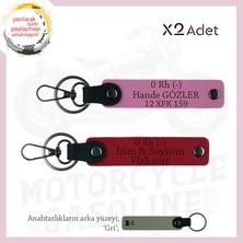 Motosiklet Aşıkları Için, Isim Plaka ve 0 Rh (-) Kan Grubu Yazılı X2 Anahtarlık, Kırmızı-Pembe-Gr