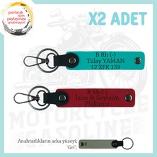 Motorcu Tarzına Özel, Isim Plaka ve B Rh (-) Kan Grubu Yazılı X2 Anahtarlık, Kırmızı-K Turkuaz-Gr