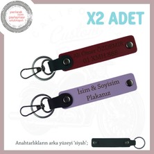 Retro Motorculara Özel, Isim ve Plaka Yazılı Hediyelik X2 Kişisel Deri Anahtarlık Set, Mor-Bordo-Syh