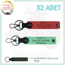 Yolda Olanlara, Isim Plaka ve B Rh (+) Kan Grubu, Kişisel Deri X2 Anahtarlık, Nar Çiçeği-Yeşil-Ysl