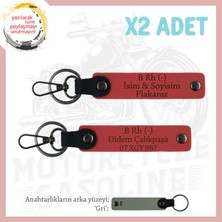 Scooter Severlere Özel, Isim Plaka ve B Rh (-) Kan Grubu Yazılı 2'li Deri Anahtarlık, Nar Çiçeği-Gr