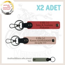 Sürücü Için Isim Plaka ve 0 Rh (+)Kan Grubu Yazılı Acil Durum X2 Anahtarlık, Nar Çiçeği-Yavruağzı-Gr