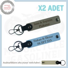 Araç Sahiplerine Özel Hediye, Isim ve Plaka Yazılı Deri Anahtarlık Set X2'li, Kül Gri-Gök Mavi-Sk