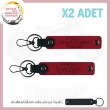 Motosiklet Sürücüsüne Hediye Isim Plaka ve A Rh + Kan Grubu Yazılı 2' Li Anahtarlık Set, Kırmızı-Syh